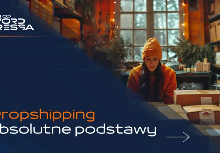 Kobieta w pomarańczowej czapce uczy się, jak zacząć dropshipping, siedząc przy biurku w magazynie pełnym paczek.