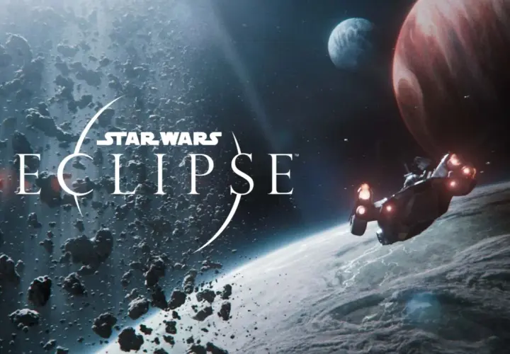 Statek kosmiczny leci przez pole asteroid w kierunku planety. W tle widać gazowego giganta i księżyc. Napis "Star Wars Eclipse" sugeruje mroczną przyszłość galaktyki.