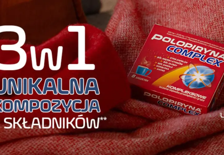 Opakowanie Polopiryna Complex na czerwonym tle. Hasło "3w1 UNIKALNA KOMPOZYCJA 3 SKŁADNIKÓW" podkreśla jego działanie.