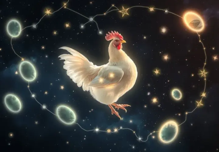 Biały kogut w kosmicznym senniku, otoczony gwiazdami i planetami.
