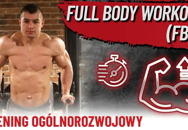 Mężczyzna ćwiczy na poręczach, przygotowując się do treningu FBW. Ikony stopera i bicepsu sugerują efektywność i siłę.