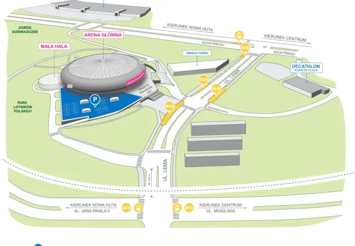 Mapa okolic TAURON Areny Kraków, pokazująca dojazd i parkingi. Idealne miejsce na kraków koncerty tauron arena.