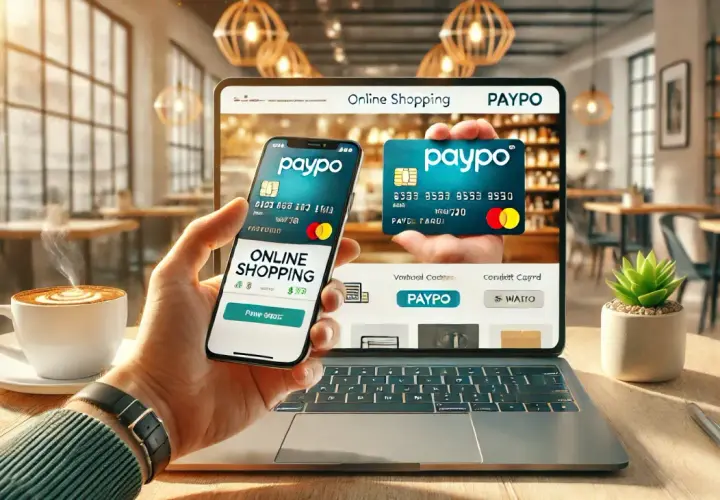 Dłoń trzyma smartfon z aplikacją Paypo do zakupów online, obok leży laptop z podobnym interfejsem.