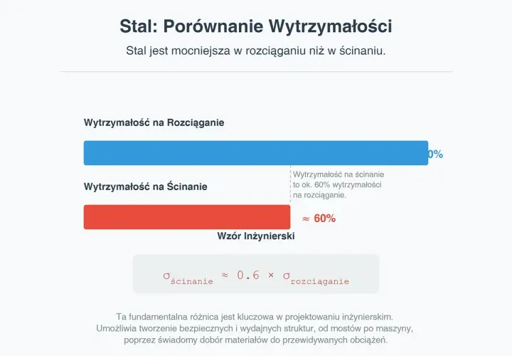 Wykres porównuje wytrzymałość stali na rozciąganie i ścinanie. Stal jest mocniejsza na rozciąganie. Wytrzymałość na ścinanie to ok. 60% wytrzymałości na rozciąganie.