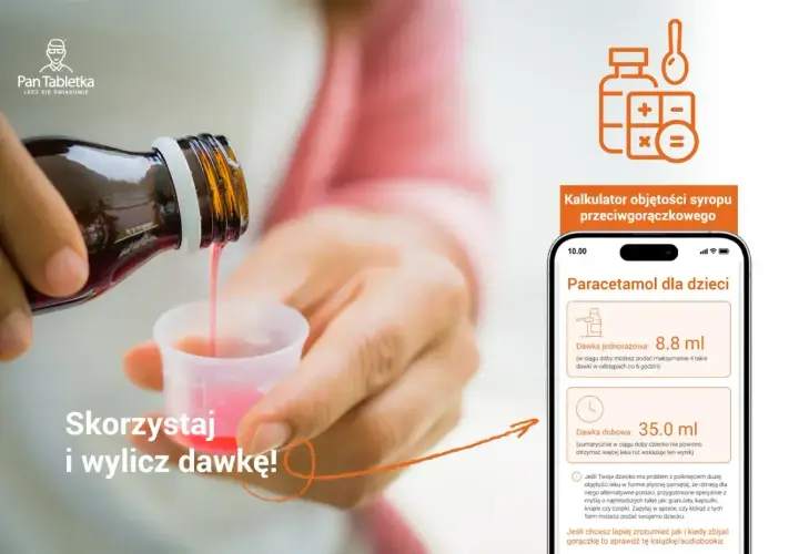 Dziecko dostaje syrop, a obok aplikacja pokazuje kalkulator dawkowania leków, np. ibuprofen dawkowanie.