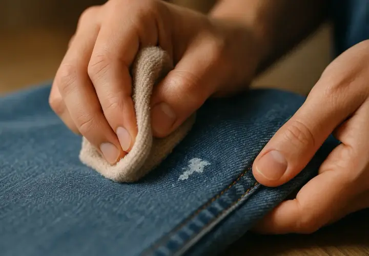 Main tenant une lingette pour essayer de comment enlever de la peinture sur un jean.