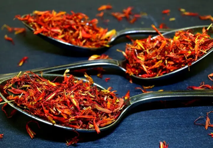 Trois cuillères remplies de filaments rouge orangé, une épice précieuse.