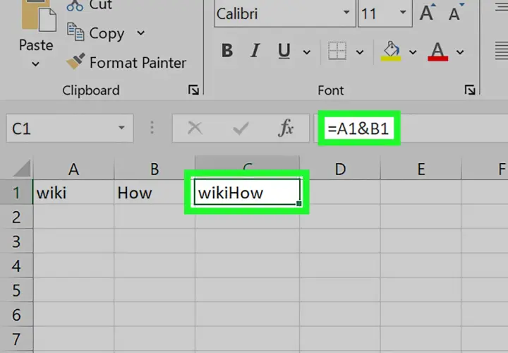 Formuła `=A1&B1` w Excelu pokazuje, jak połączyć arkusze w Excelu w jeden, łącząc tekst z komórek A1 i B1.
