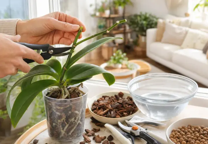 Des mains coupent une tige d'orchidée, étape clé pour savoir comment entretenir une orchidée à l'intérieur.