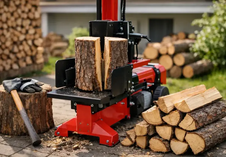 Roter Holzspalter mit zwei Holzstämmen, bereit zum Spalten. Daneben liegen Äxte und Handschuhe. Die Frage "holzspalter wieviel tonnen" wird durch die Leistung des Geräts beantwortet.