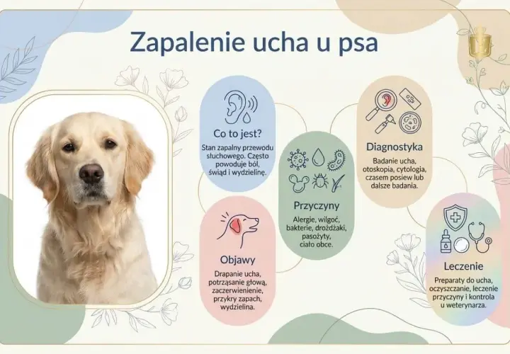 Golden retriever z zapaleniem ucha. Infografika opisuje objawy, przyczyny, diagnostykę i leczenie zapalenia ucha u psa.