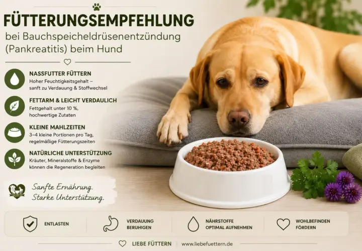 Ein Labrador liegt neben einem Napf mit Futter. Die Grafik gibt Fütterungsempfehlungen bei Pankreatitis beim Hund, was die Lebenserwartung positiv beeinflusst.