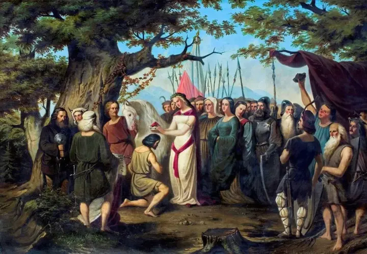 Scena z obrazu przedstawiająca moment, gdzie odbył się chrzest polski. Dama w bieli podaje krzyż klęczącemu mężczyźnie.