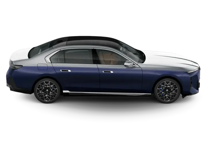 Eleganckie bmw i7 w dwukolorowym malowaniu, z ciemnoniebieskim nadwoziem i srebrnym dachem, prezentuje się luksusowo.