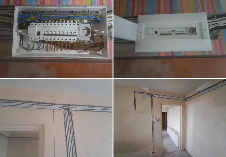 Nowy rozdzielacz i przewody elektryczne w bloku. Trwa wymiana instalacji elektrycznej, widać nowe zabezpieczenia i uporządkowane kable.