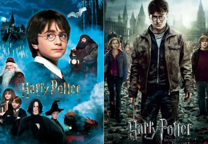 Plakaty z różnych części Harrego Pottera: młody Harry z Hagridem i Dumbledore'em, a obok dorosły Harry z Hermioną i Ronem.