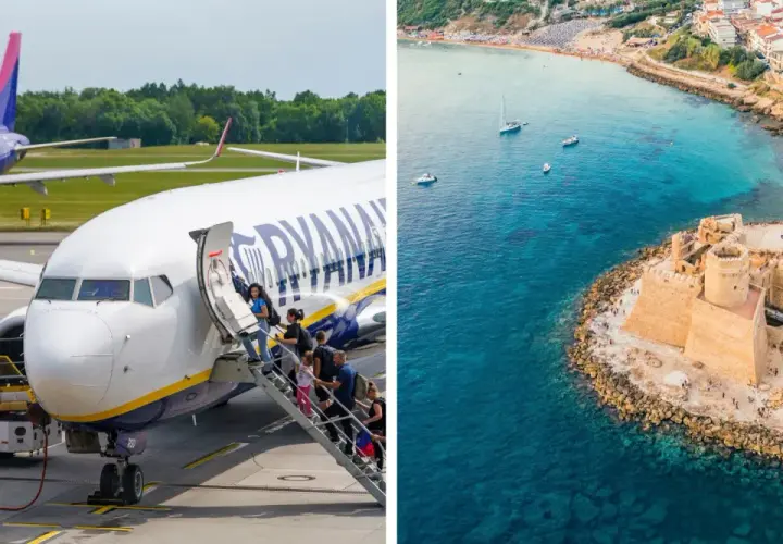 Lotnisko w Kalabrii: samolot Ryanair i widok na zamek nad morzem.
