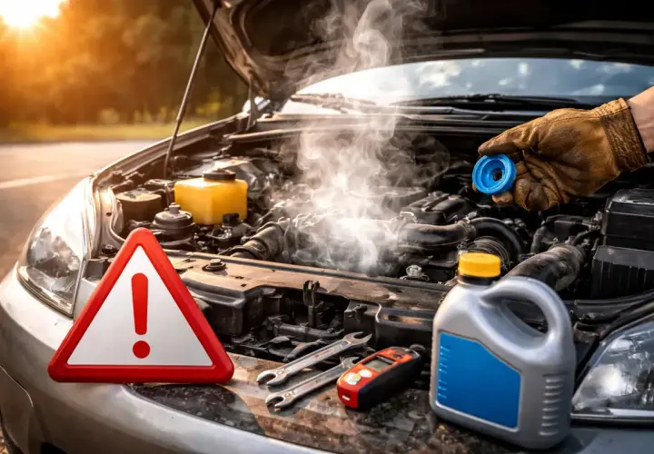 El sistema de refrigeración del motor está humeando. Hay una señal de advertencia, herramientas y un bidón de refrigerante.