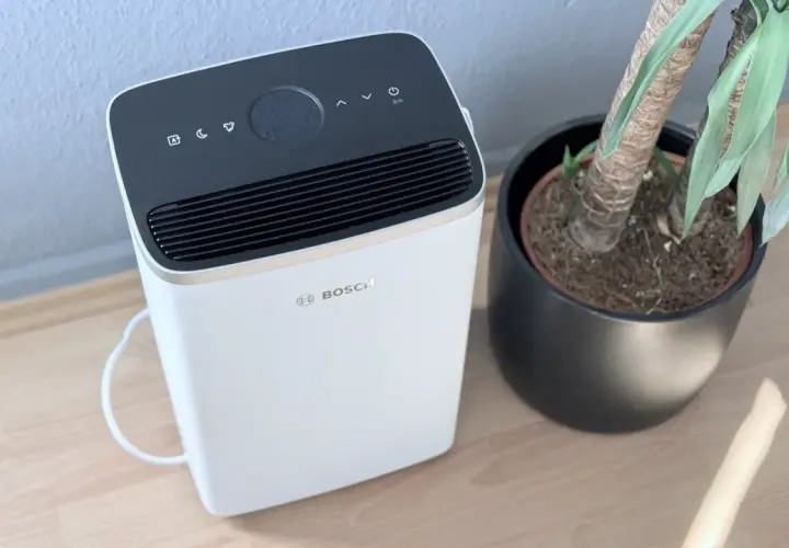Bosch Dry 4000 Luftentfeuchter neben einer Topfpflanze auf Holzboden.