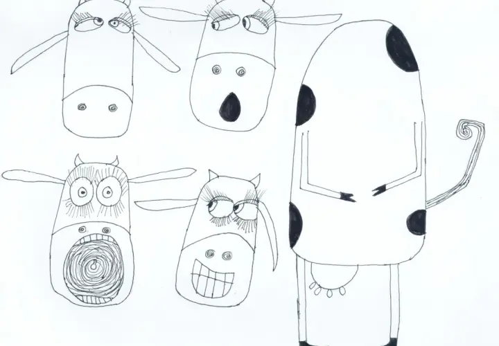 Cinco vacas con expresiones divertidas. Una vaca grande y manchada se para a la derecha. Ideal para actividades sobre la vaca que puso un huevo.