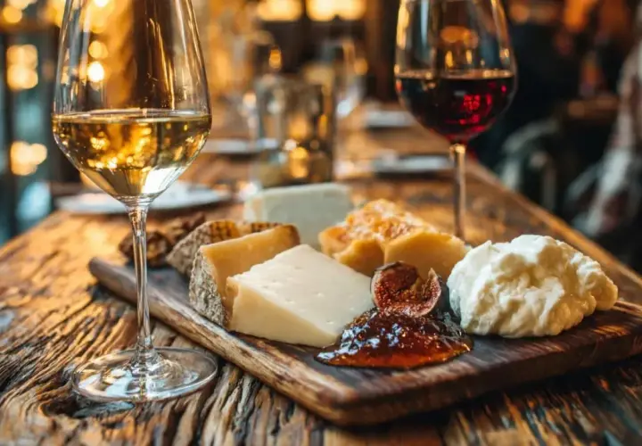 Ein rustikales Holzbrett mit verschiedenen Käsesorten, Feigen und Marmelade, dazu zwei Gläser Wein. Perfekt für einen gemütlichen Abend am Tisch.