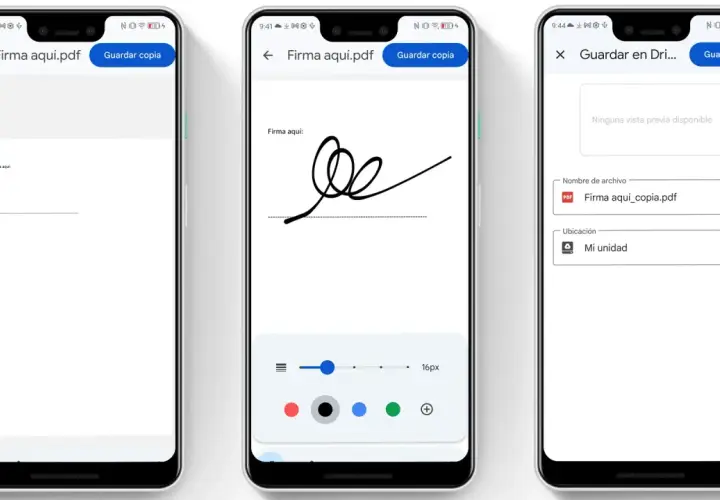Demostración de cómo firmar un documento en el móvil. Se muestra la interfaz para dibujar la firma y guardarla en Drive.
