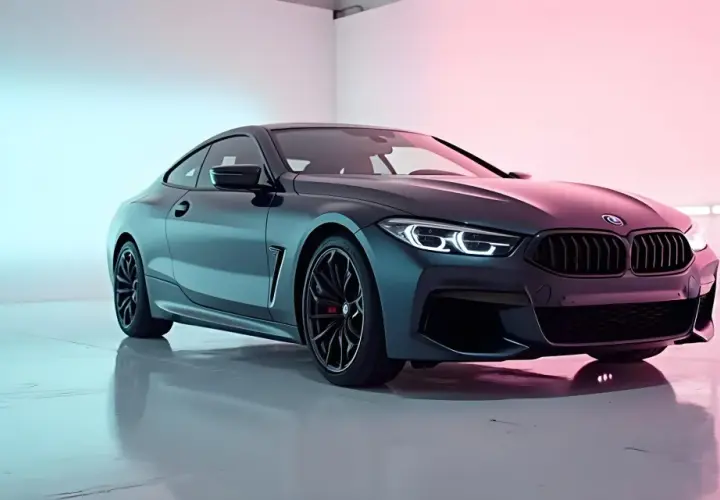 Eleganckie BMW serii 8, ciemnogranatowe coupe, w nowoczesnym studiu. To mistrzowska fotografia motoryzacyjna.