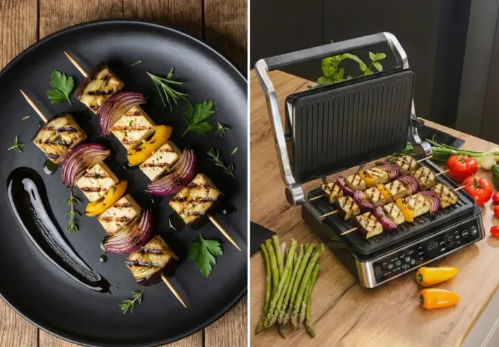 Pyszne warzywa na grilla: szaszłyki z bakłażana, tofu, cebuli i papryki, gotowe do podania lub w trakcie grillowania.