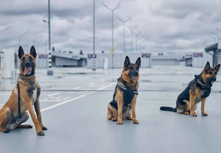 Tres perros antidroga, razas pastor belga y pastor alemán, entrenados para misiones de seguridad.