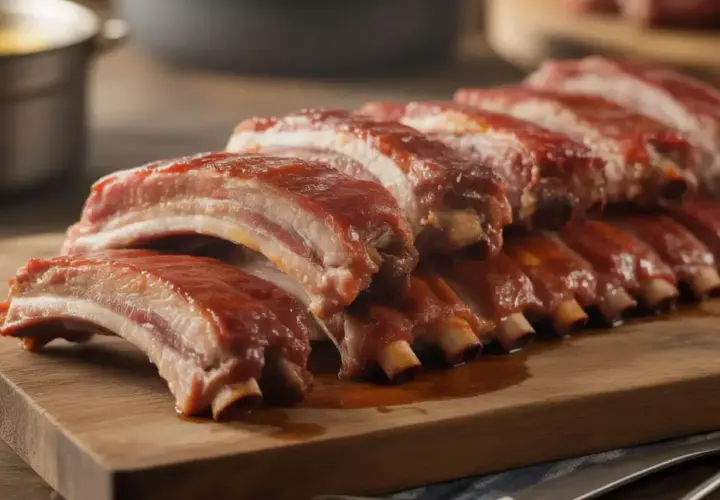 Des travers de porc savoureux, nappés d'une sauce barbecue rouge, prêts à être dégustés sur une planche en bois.
