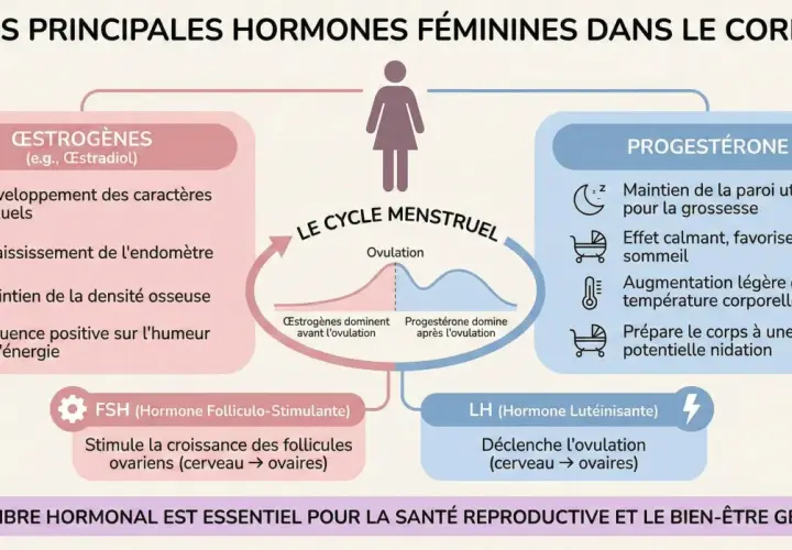 Schéma des hormones féminines : œstrogènes, progestérone, FSH, LH. L'équilibre hormonal est clé pour la santé reproductive.