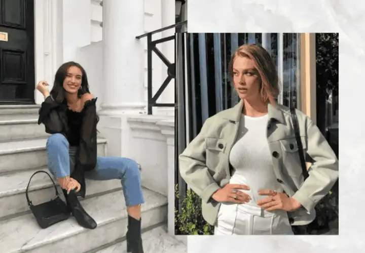 Dwie kobiety prezentują stylizacje do kina: jedna w czarnej bluzce i jeansach, druga w jasnej kurtce i białym topie.