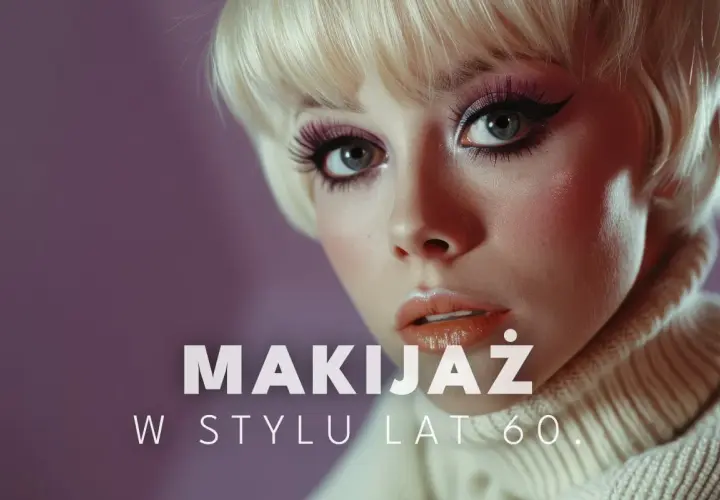 Ikona stylu lat 60. z wyrazistym makijażem oczu i błyszczącymi ustami.