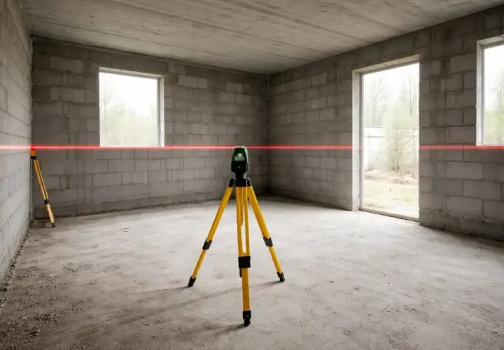 Laser krzyżowy na statywie wyznacza linie pomocnicze w surowym wnętrzu, kluczowe dla precyzyjnego projektu budynku usługowego.