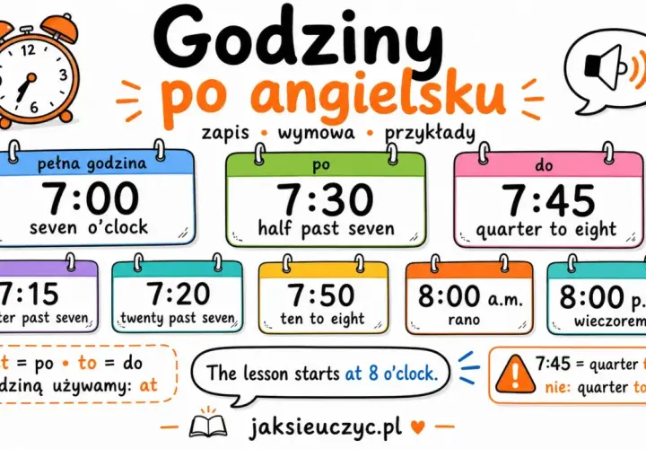 Lekcja zaczyna się o 8:00. Obrazek pokazuje, jak mówić godziny po angielsku, np. seven o'clock, half past seven, quarter to eight.