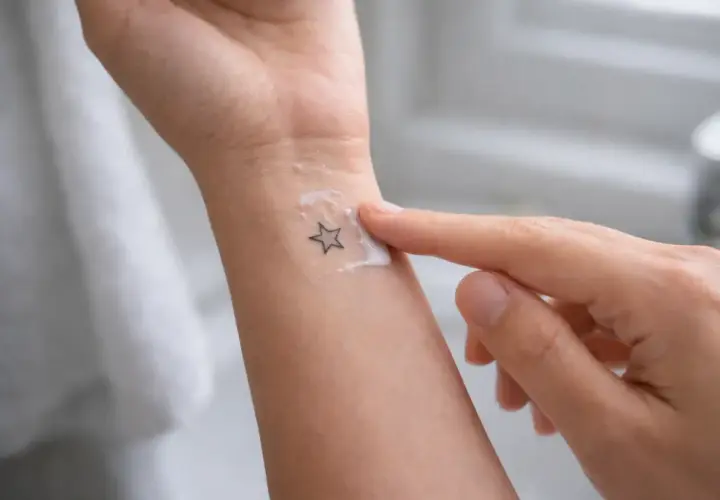 Un doigt applique une crème sur un petit tatouage en étoile sur le poignet. Le tatouage piqué trop profond semble légèrement irrité sous la crème.