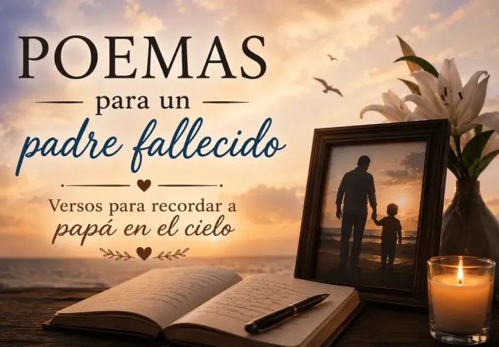 Poemas para un padre fallecido. Un libro abierto, un marco con foto de padre e hijo, y una vela encendida evocan recuerdos y amor.
