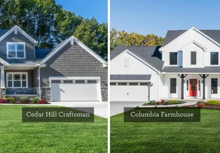 A dark gray craftsman house with stone accents stands next to a bright white modern farmhouse with a red door.