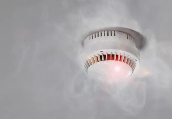 Czujka dymu piszczy, bo wykryła dym. Czerwona lampka sygnalizuje alarm.