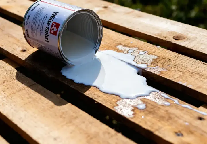 Une boîte de white spirit renversée sur des planches de bois. Le liquide blanc s'étale, créant des formes abstraites sur le grain du bois.