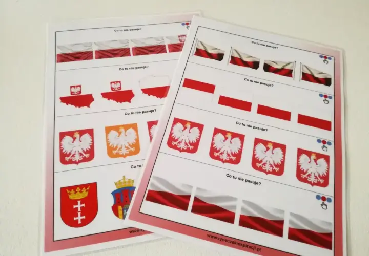 Zabawy edukacyjne dla dzieci: polskie symbole narodowe, orzeł biały, flagi i godła.