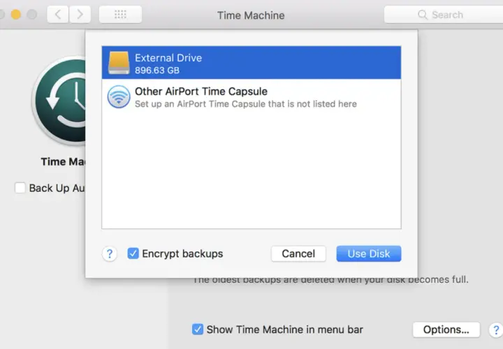 Ventana de Time Machine para configurar el backup mac. Selecciona un disco externo o AirPort Time Capsule.