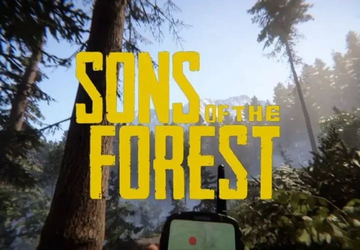 Napis "Sons of the Forest" na tle lasu i gór. Sprawdź, czy Twój sprzęt spełnia wymagania gry.