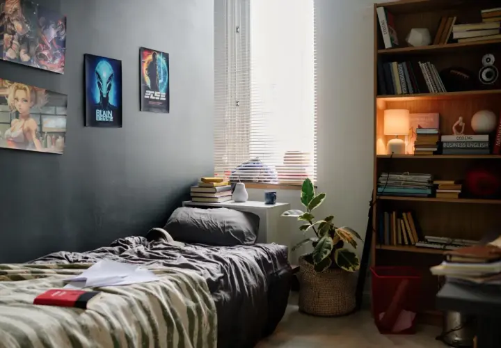 Wąski pokój inspiracje: łóżko, regał z książkami, plakaty anime i sci-fi, okno z żaluzjami, roślina.