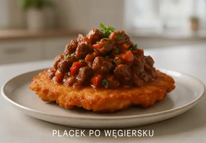 Placek po węgiersku przepis oryginalny: złocisty placek ziemniaczany z bogatym gulaszem mięsnym i papryką.