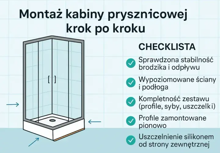 Ilustracja przedstawia montaż kabiny z brodzikiem. Na liście kontrolnej znajdują się punkty dotyczące stabilności, wypoziomowania i kompletności zestawu.