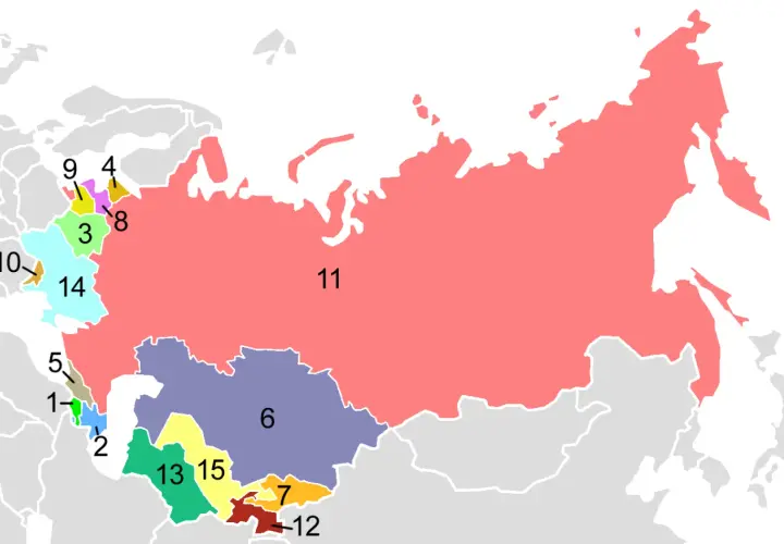 Karte zeigt die UdSSR und ihre Satellitenstaaten. Die Nummer 11 repräsentiert Russland, während andere Nummern die ehemaligen Sowjetrepubliken und osteuropäischen Satellitenstaaten kennzeichnen.