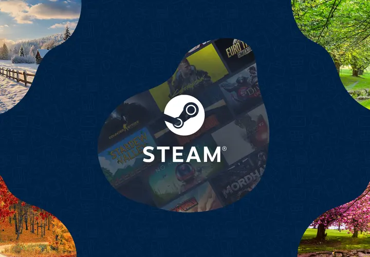 Logo Steam na tle kolaży z gier i zdjęć przyrody.
