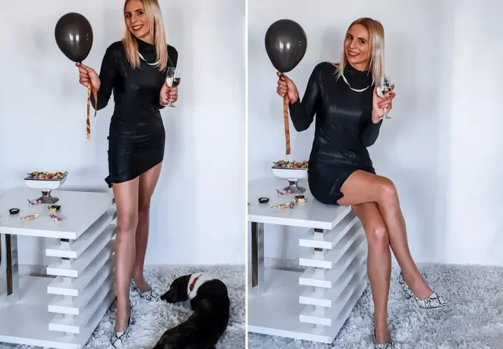 Elegancka czarna sukienka, wążowe szpilki i balon – idealny zestaw, jak się ubrać na osiemnastkę.