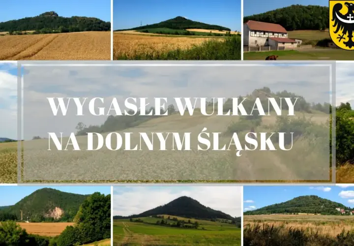 Krajobraz Dolnego Śląska z łagodnymi, zielonymi **górskimi wulkanicznymi** wzniesieniami, polami uprawnymi i tradycyjną architekturą.